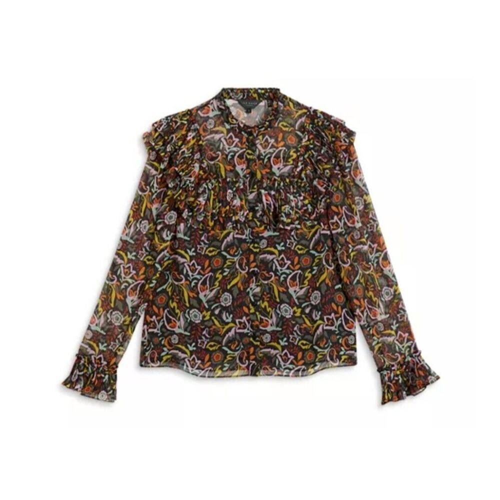 Ted Baker Women's Long Sleeve Black Ehllana Ruffle Detail Blouse Top SZ 5. US L